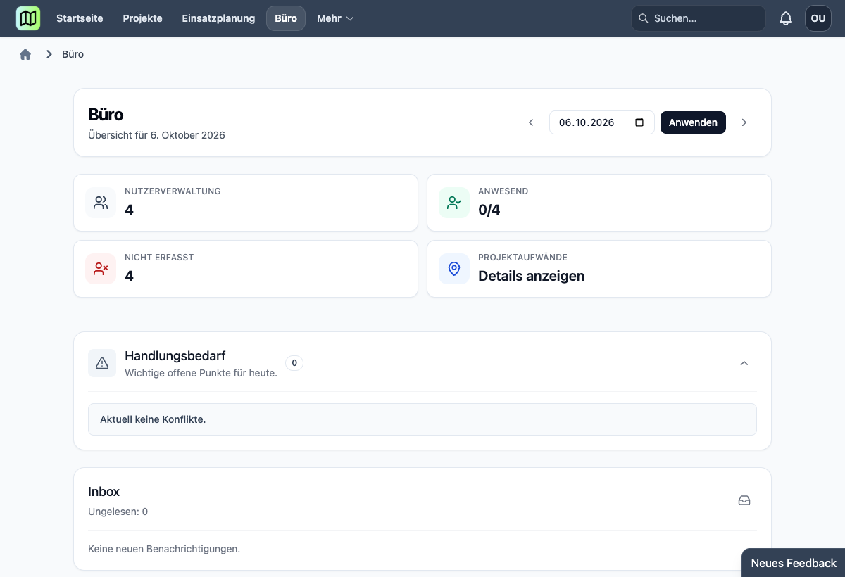 Beispiel der Toolbox-Büroübersicht mit ausschließlich fiktiven Testdaten